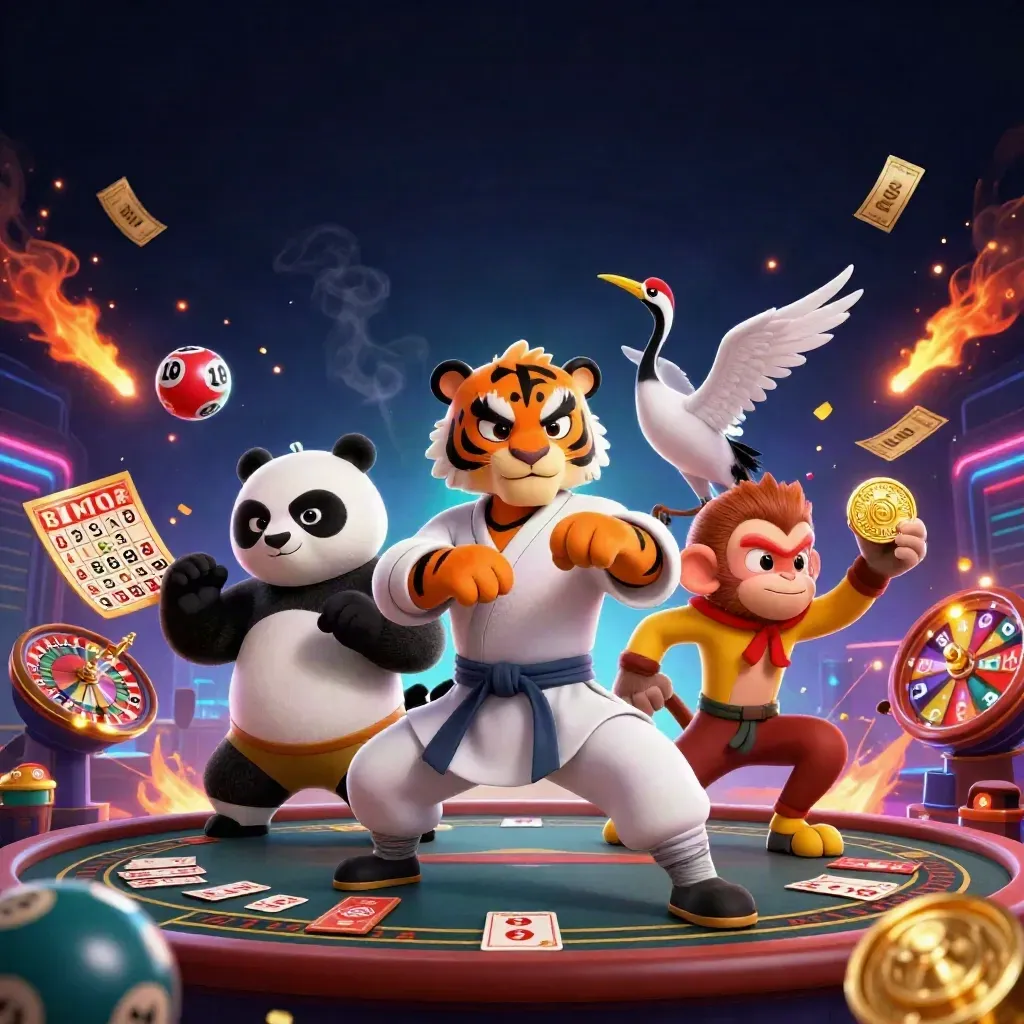 Kung-fu tiger, panda, and monkey amid casino lights, lottery balls, wheels, and treasure.