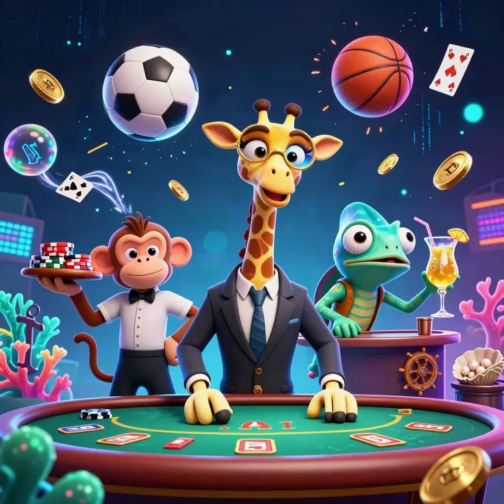 Giraffe, monkey, and chameleon amid casino treasure, sports balls, and neon underwater glow.