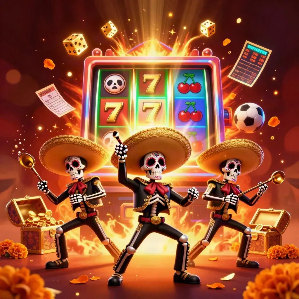 Skeleton mariachi trio amid slot-machine jackpots, sports balls, and neon casino glow.