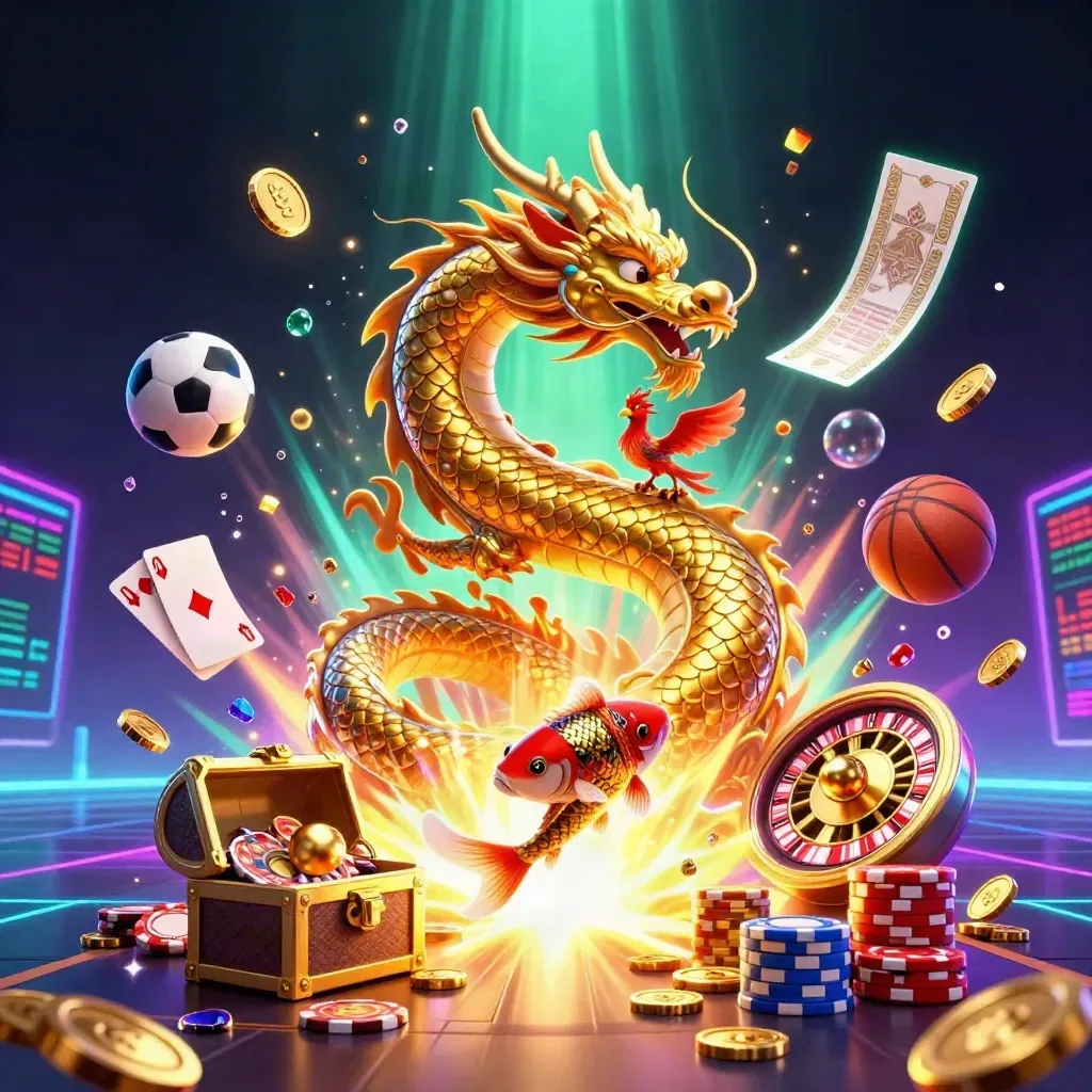 Golden dragon with phoenix, koi, casino chips, balls and roulette wheel in neon glow