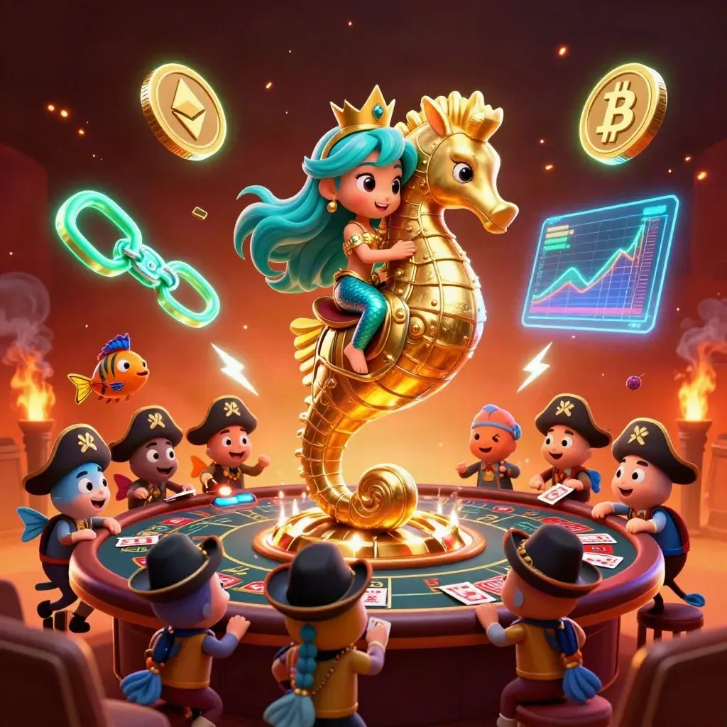 Mermaid princess on golden seahorse with pirate fish, neon casino effects, roulette and cards.