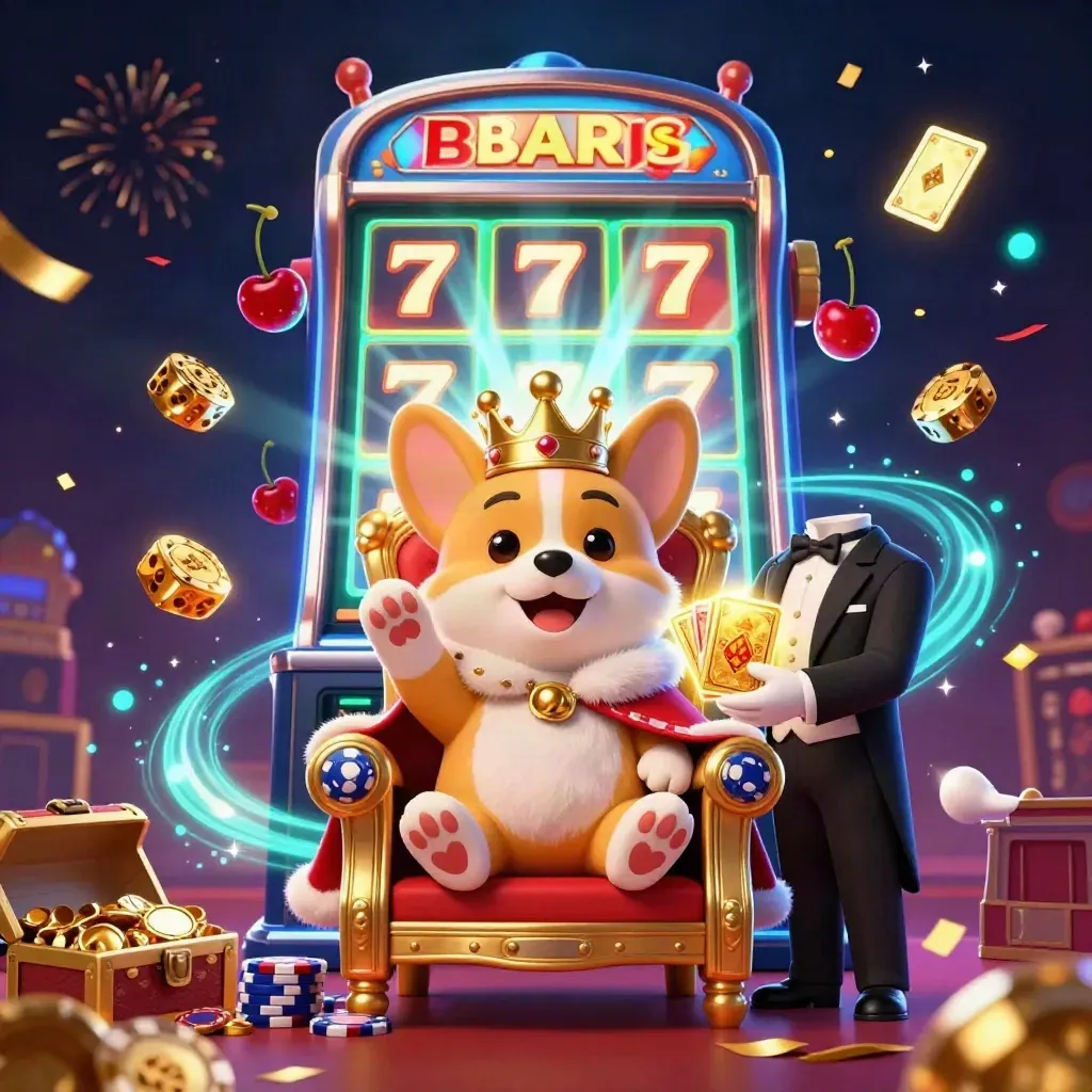 Royal corgi and cat butler amid exploding slot machine, gold, dice, neon energy on dark backdrop.