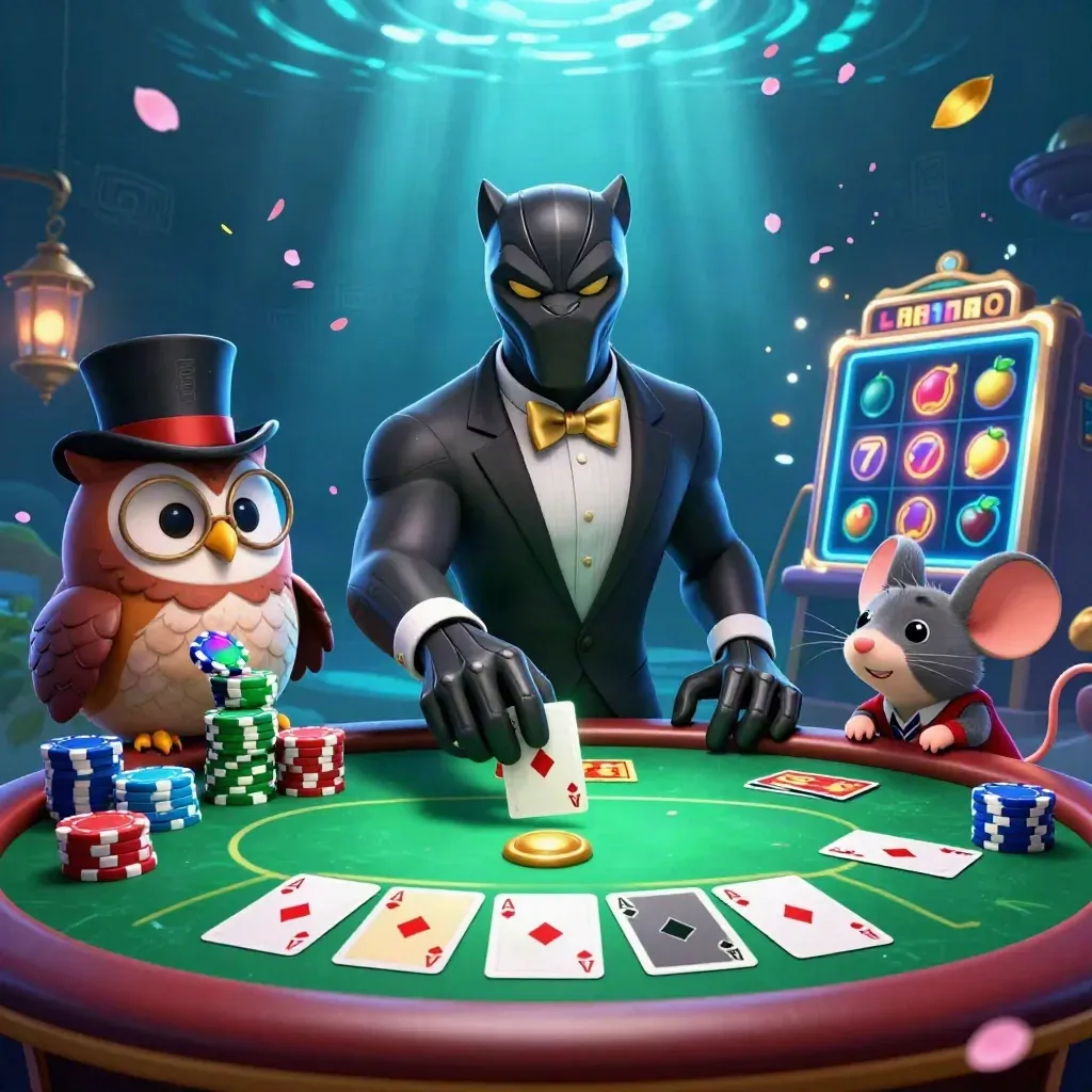 Black panther, owl, and mouse at a neon casino table with cards, chips, and glowing reels.