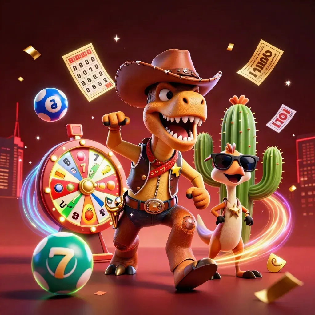 Cowboy T-Rex, cactus sidekick, and sheriff roadrunner amid gold sparks, balls, wheel, and confetti.