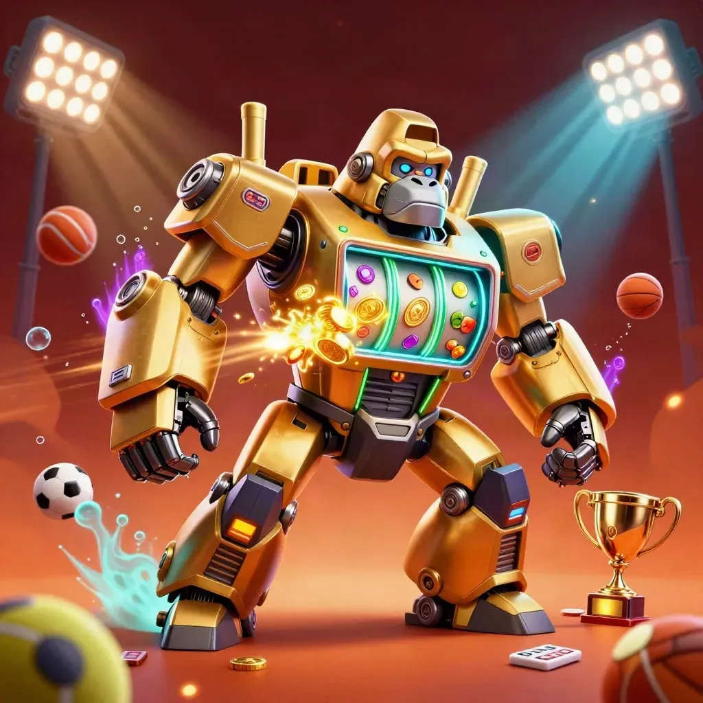 Golden gorilla mech with monkey pilot bursts with coins, balls, trophy and neon glow.
