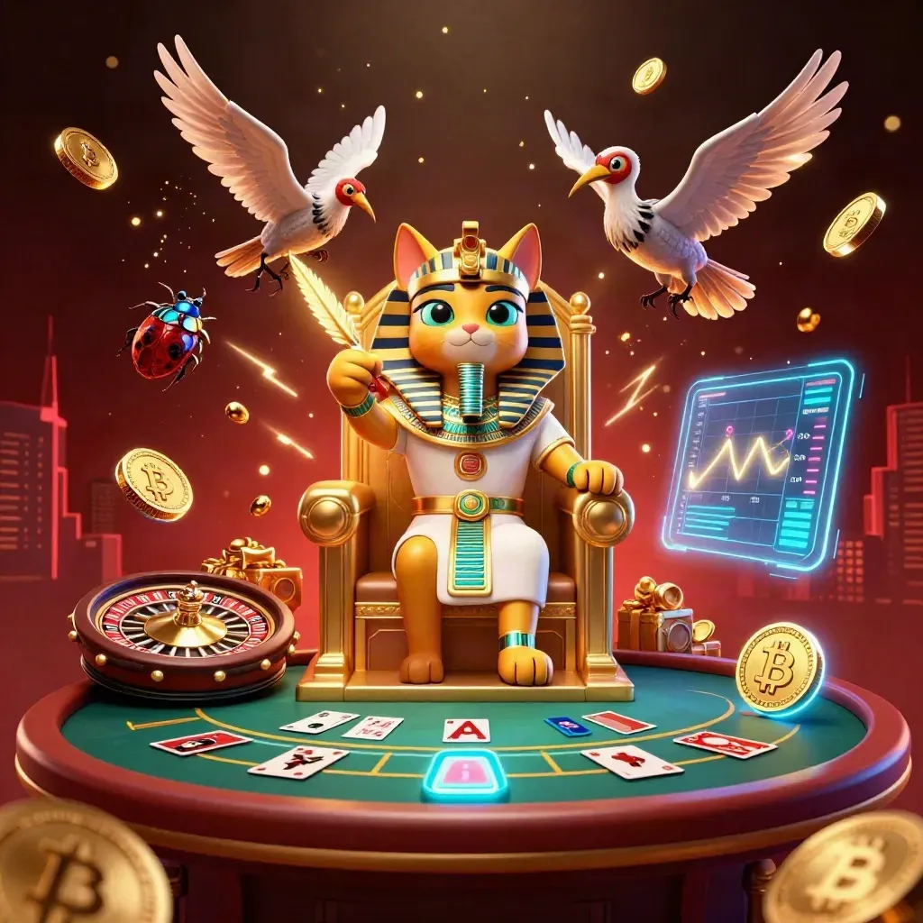 Pharaoh cat, ibis scribe, and gem-wing scarabs amid neon casino gold, coins, lightning, and fire