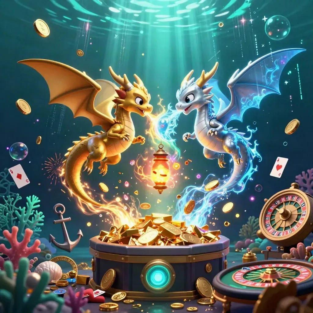 Gold and silver dragons swirl over an underwater treasure blast with coins, coral, cards, and neon energy.