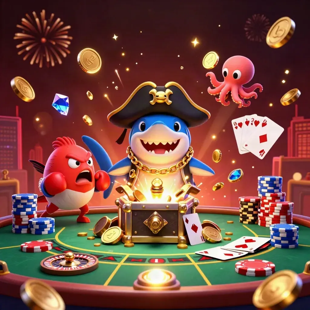 Pirate shark, pufferfish, and octopus amid casino gold, chips, cards, and spinning roulette