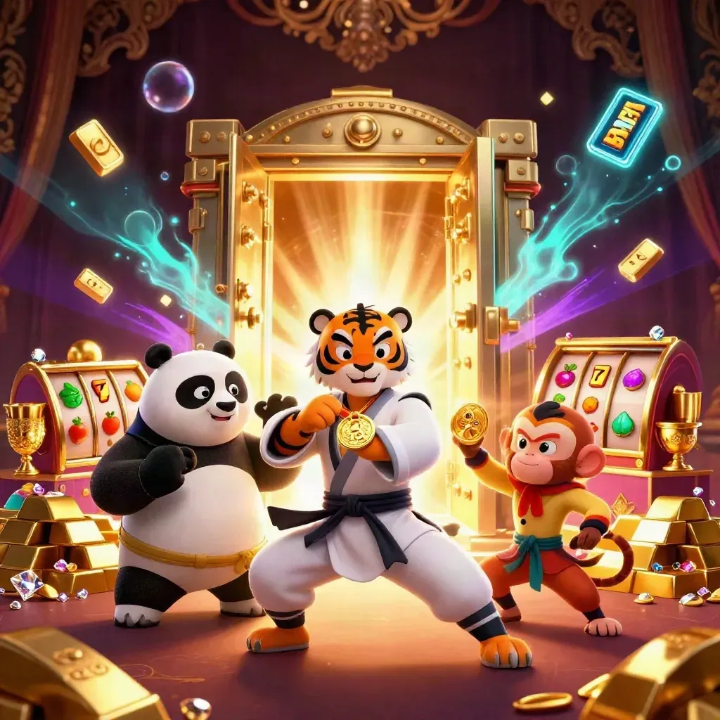 Kung-fu tiger, panda, and monkey amid a glowing casino vault, coins, gems, reels, and neon light