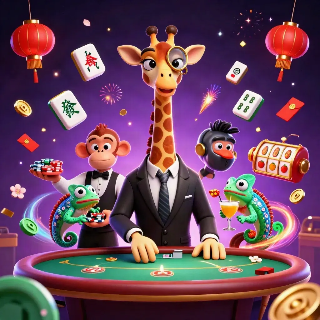 High-roller giraffe, monkey valet, and chameleon bartender amid casino chaos and neon effects