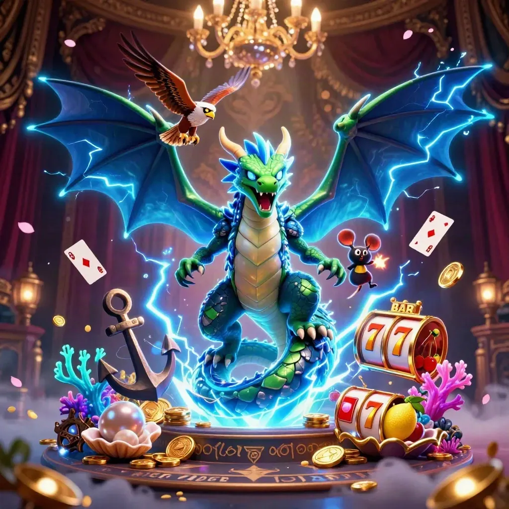Thunder dragon, wind hawk, and crackling mouse amid casino treasure, reels, and neon lightning.