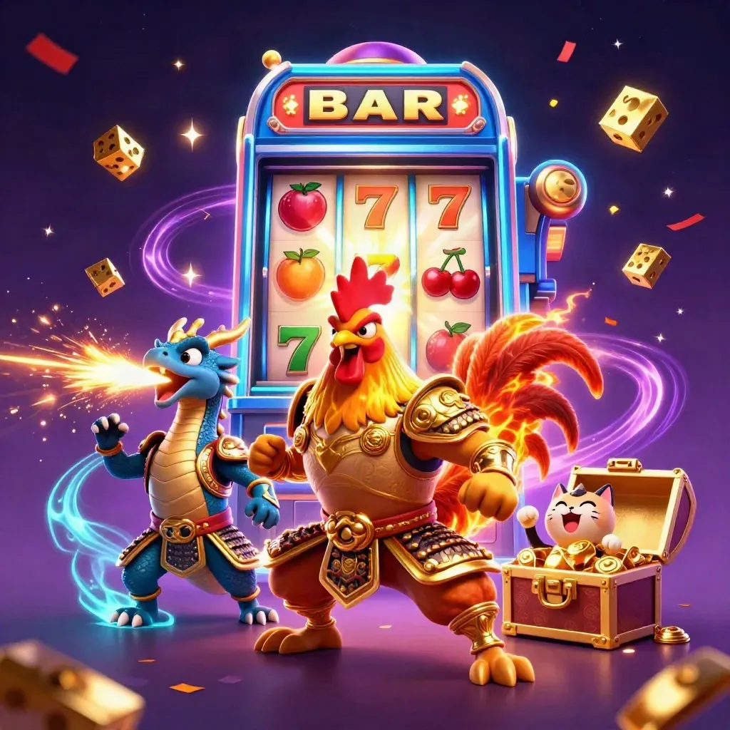 Rooster warrior, dragon hatchling, and fortune cat amid exploding slot symbols and neon casino effects